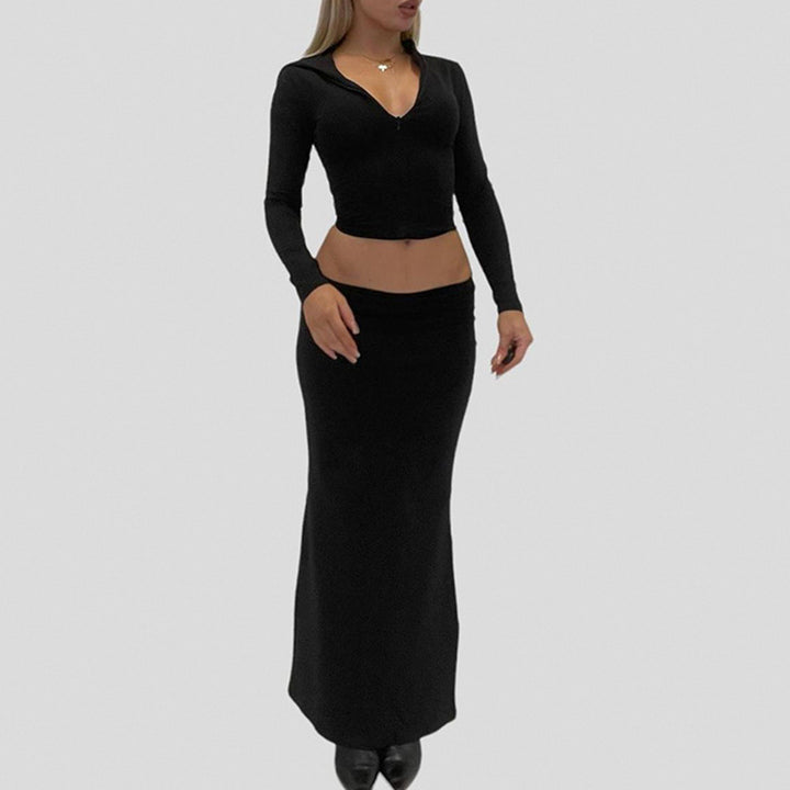 Women's Two-Piece Midriff Set made of Stretch Jersey with V-Neck Crop Top and Waist-Defining Maxi Skirt Mune Fashion