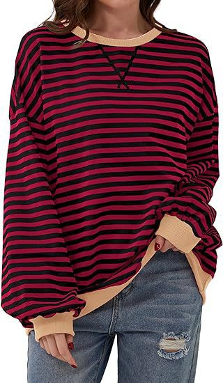 Women Striped Oversized Sweater with Contrast Cuffs Mune Fashion