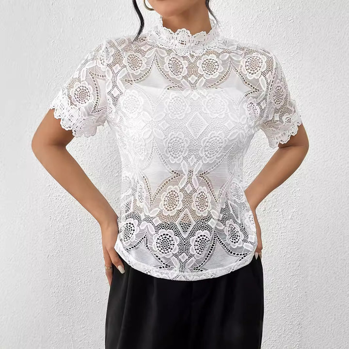 Ladies nan semi-transparent lace top with high ruffle collar and opaque bust part Mune Fashion