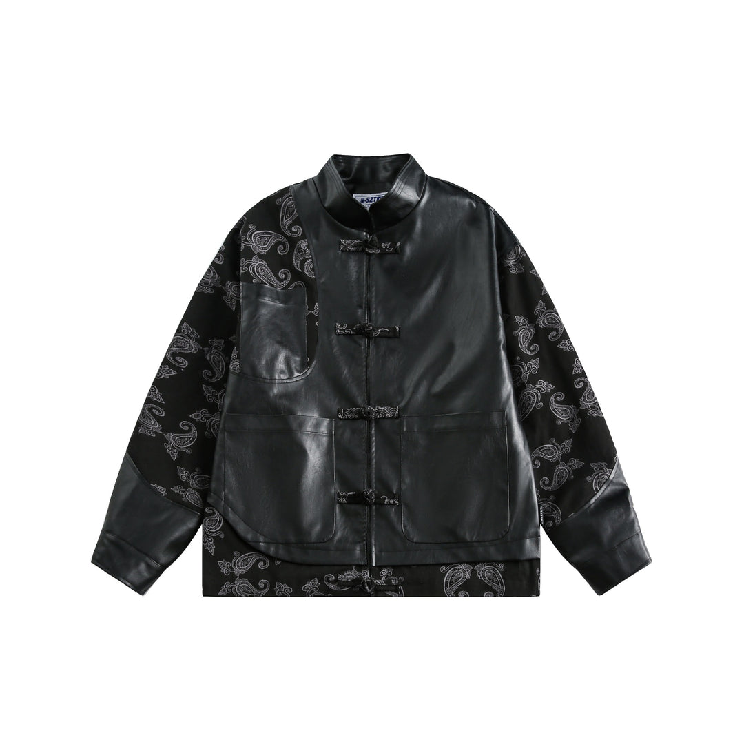 Unisex faux leather bomber jacket with paisley sleeves and toggle closures Mune Fashion