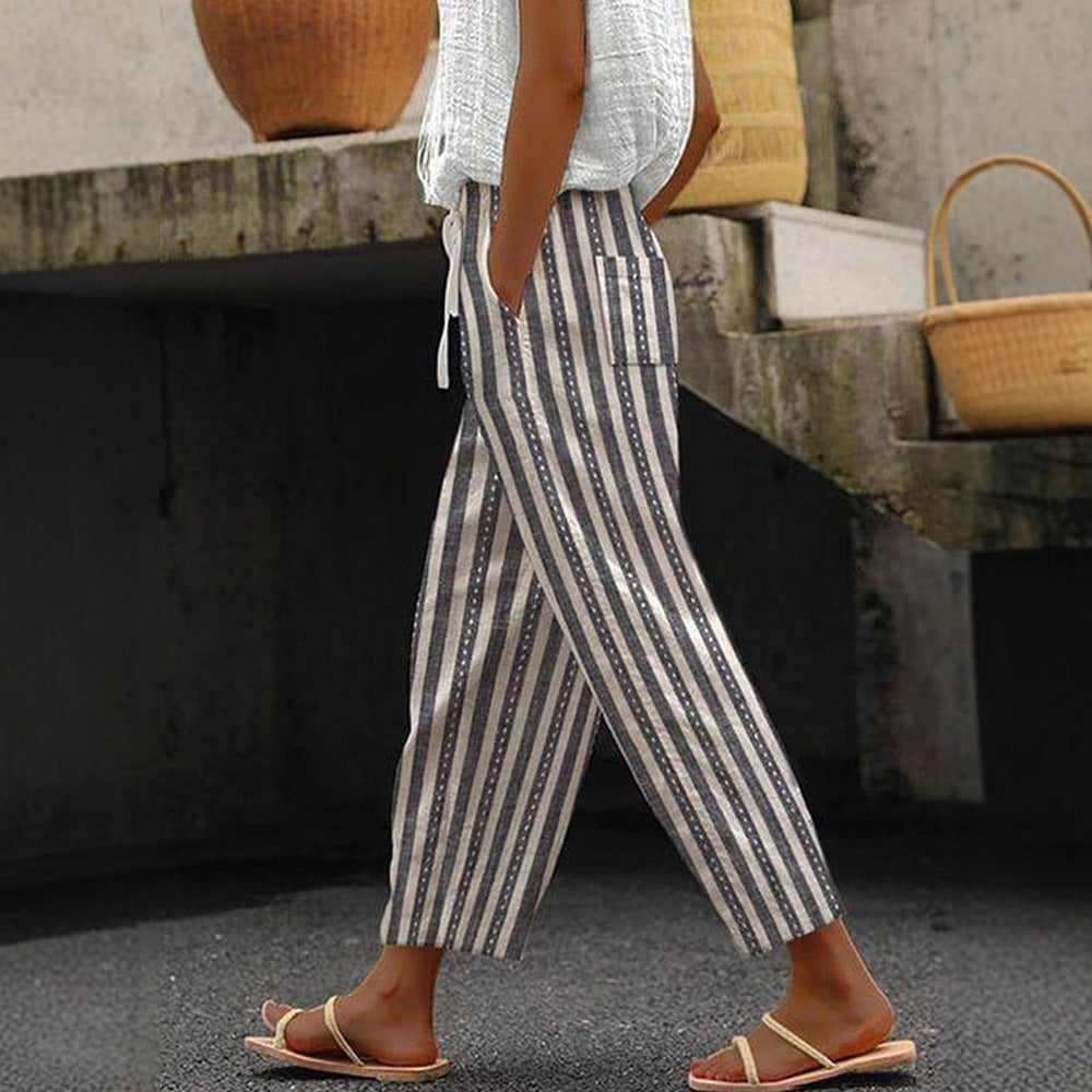 Women's Wide Linen Pants with Striped Pattern Mune Fashion