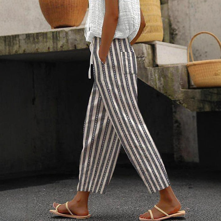 Women's Wide Linen Pants with Striped Pattern Mune Fashion