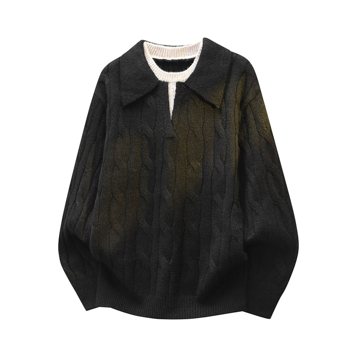Women's Oversize Cable Knit Sweater with Polo Collar & Layered Look Mune Fashion