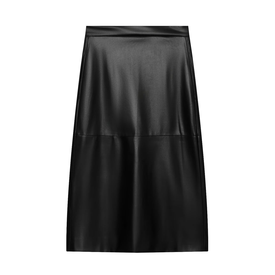 Women's High-Waisted Midi Skirt in Imitation Leather with Panel Seam Mune Fashion