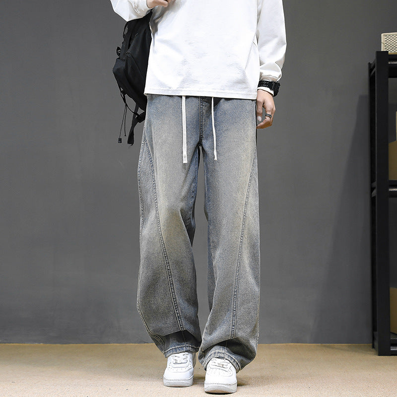 Men's Wide Denim Baggy Jeans with Drawstring Waist, Deep Crotch and Prominent Decorative Stitching Mune Fashion