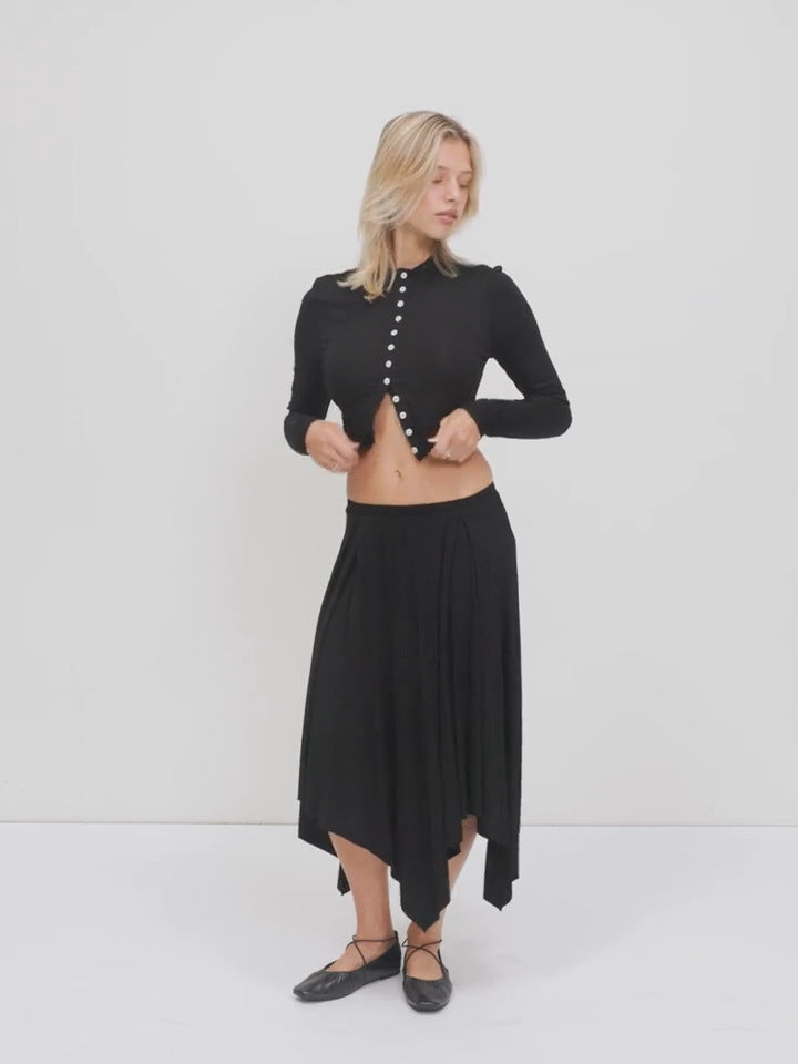 Women Cropped Cardigan with Pearl Buttons and Asymmetrical Pointed Midi Skirt Drune