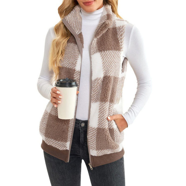 Ladies Checked Teddy Vest with Stand-Up Collar, Zipper and Side Pockets Mune Fashion