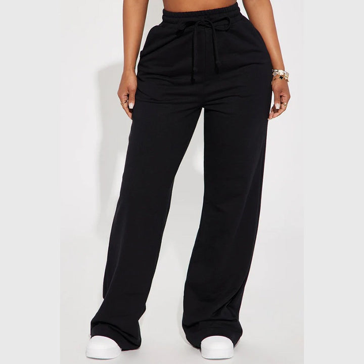 Ladies' wide High-Waist lounge pants made of soft cotton blend with drawstring and side pockets Mune Fashion