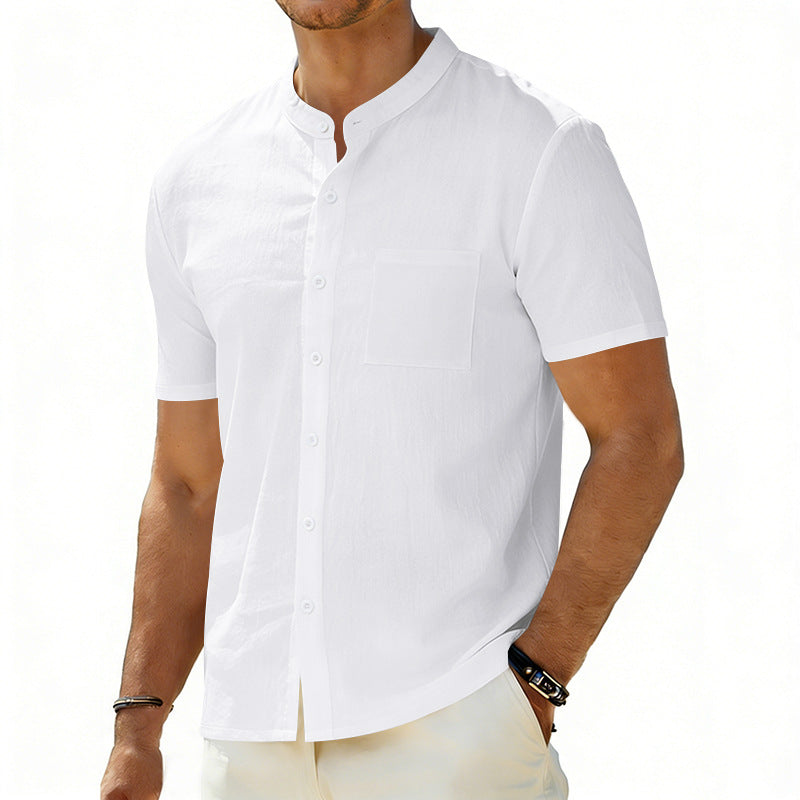 Men's short-sleeved linen shirt with stand-up collar and chest pocket Mune Fashion