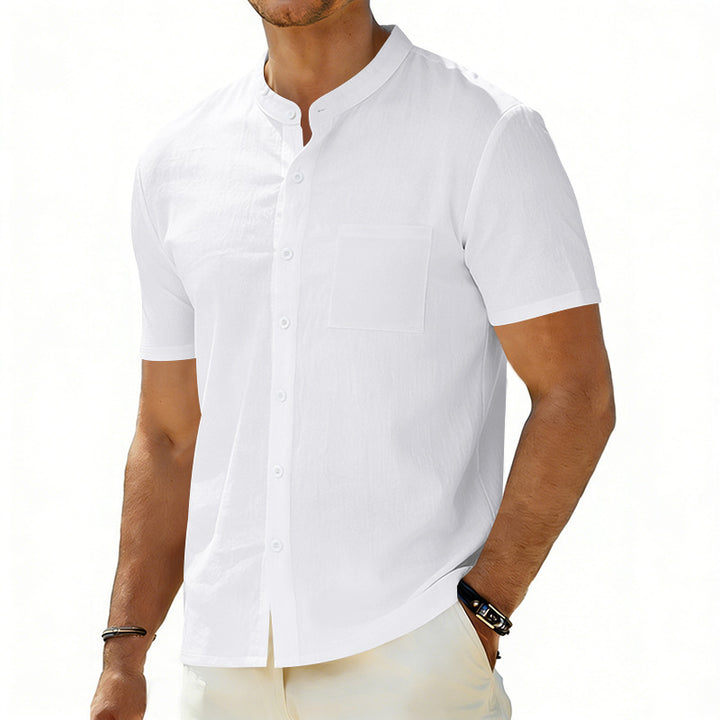 Men's short-sleeved linen shirt with stand-up collar and chest pocket Mune Fashion