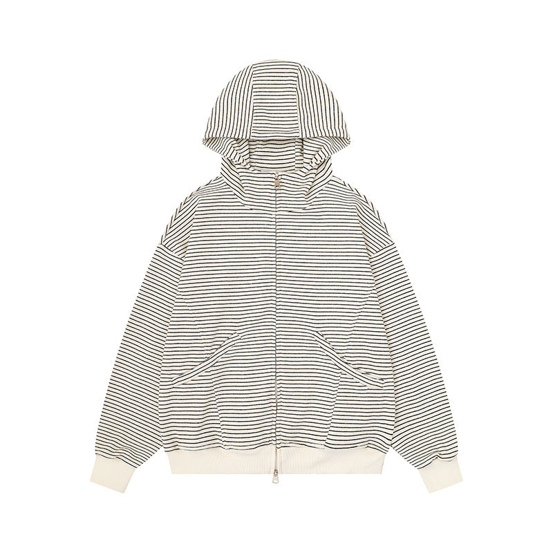 Unisex Striped Hooded Sweat Jacket with Zipper and Kangaroo Pockets Mune Fashion