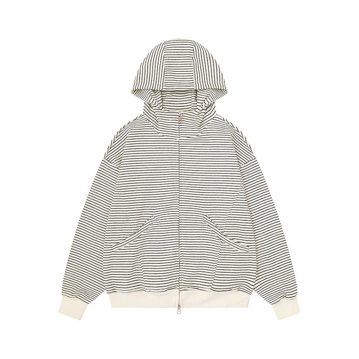 Unisex Striped Hooded Sweat Jacket with Zipper and Kangaroo Pockets Mune Fashion