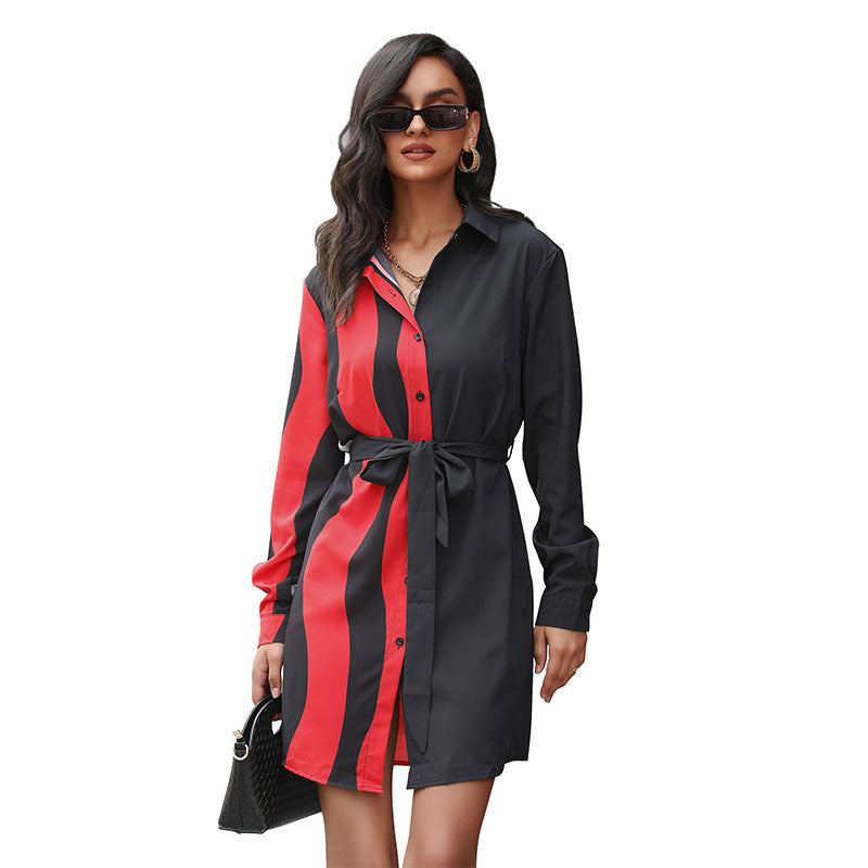 Ladies shirt dress in half-and-half design with side stripe panel and waist tie belt Mune Fashion