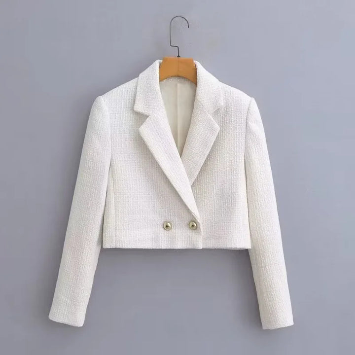 Women's short bouclé cropped jacket with lapel collar and decorative metal buttons Mune Fashion