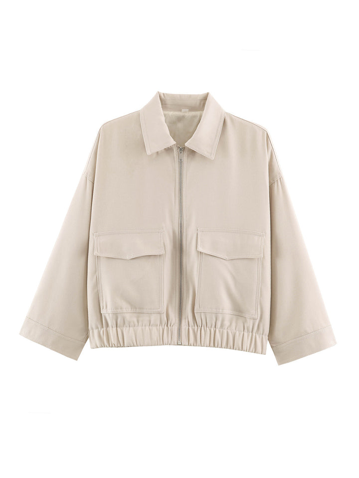 Women's Cropped Utility Jacket with Elastic Waistband and Applied Flap Pockets Mune Fashion