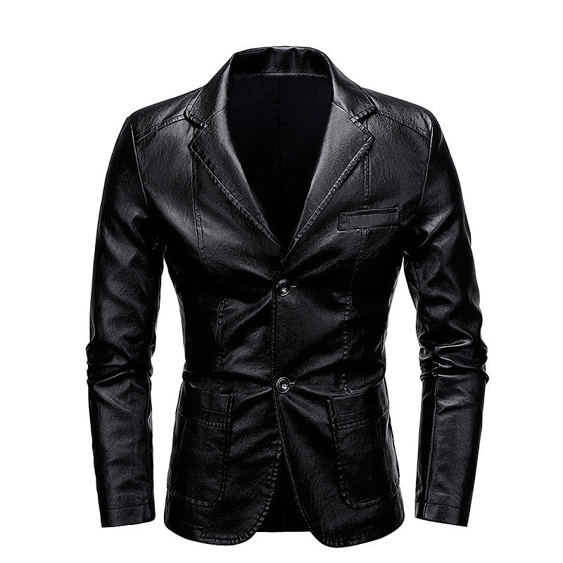 Men's Slim-Fit Faux Leather Blazer with Notched Lapels and Flap Pockets Mune Fashion