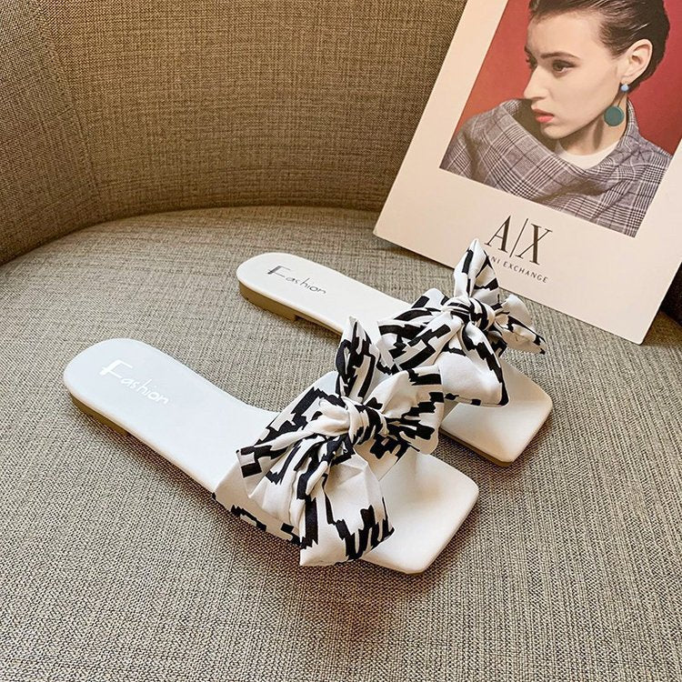 Women's Flat Strap Slides with Large Fabric Knot and Square Toe Party Mune Fashion