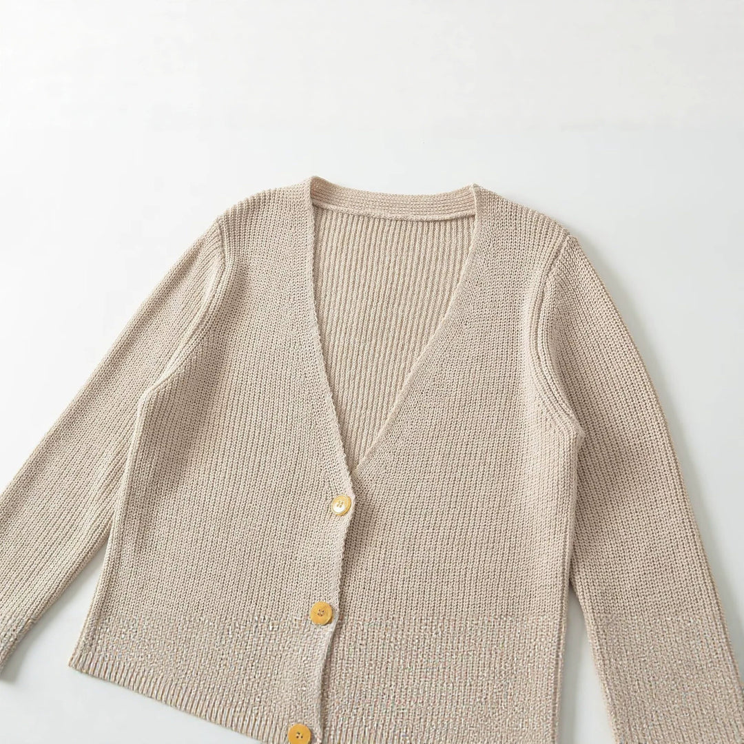 Women Long Fine Knit Cardigan with Deep V-Neck and Wooden Buttons Mune Fashion