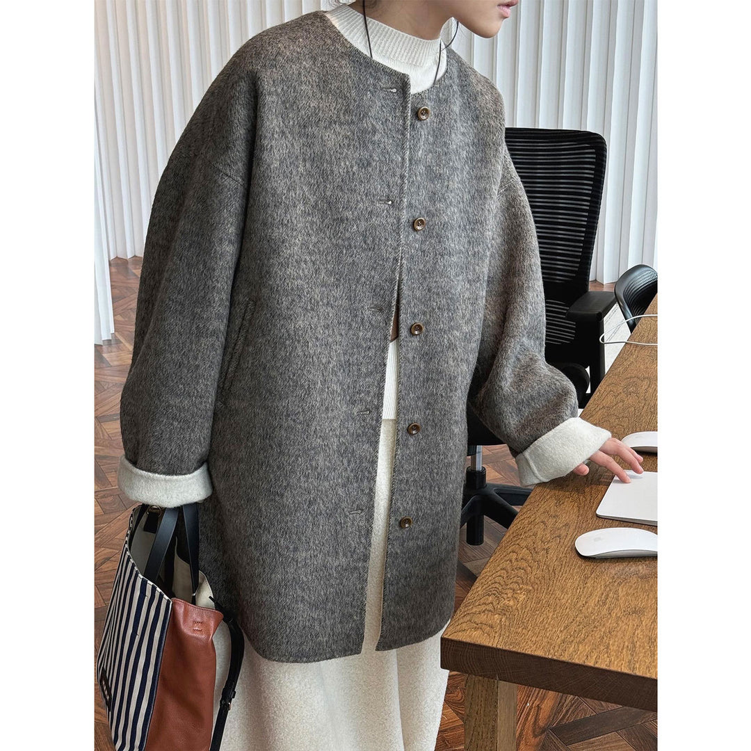 Women's Oversized Wool Blend Coat with Button Placket and Foldable Teddy Cuffs Mune Fashion