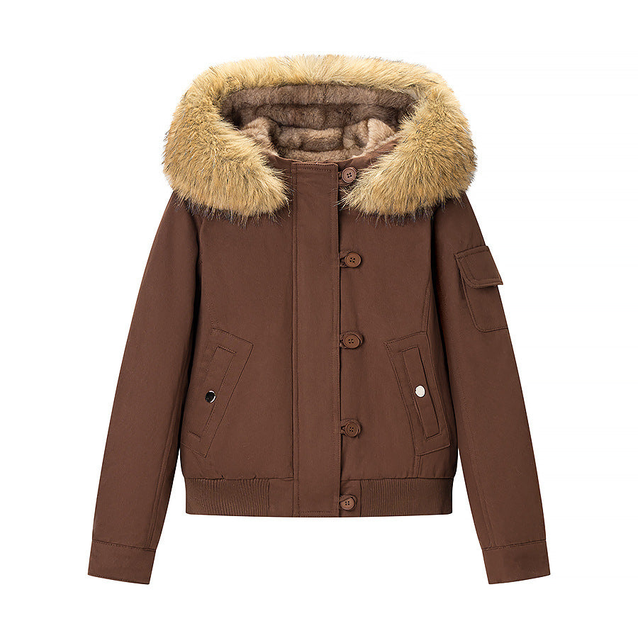 Women Padded Bomber Jacket with Faux Fur Hood and Utility Pocket Mune Fashion