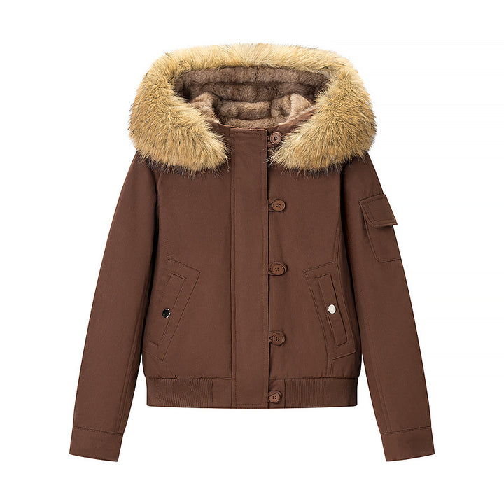 Women Padded Bomber Jacket with Faux Fur Hood and Utility Pocket Mune Fashion
