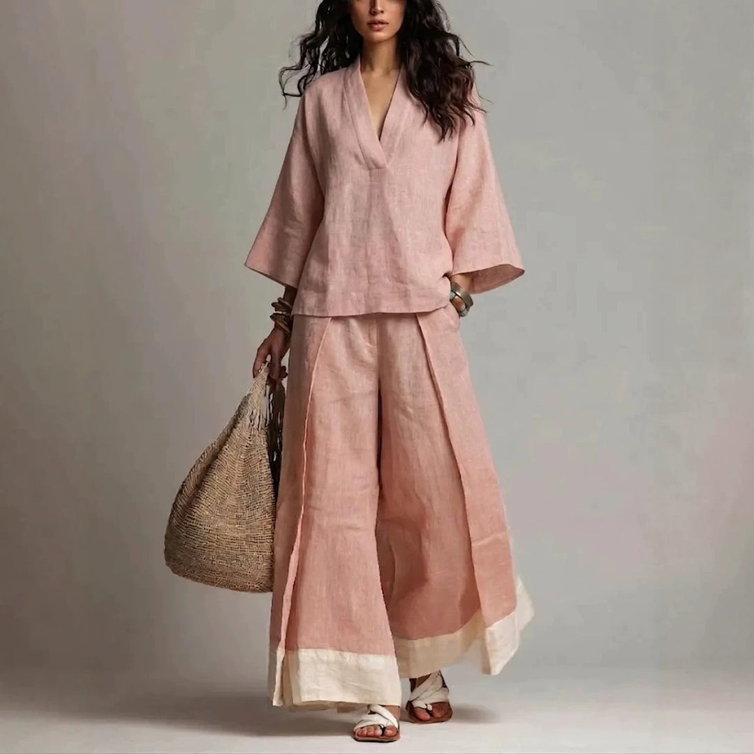 Women's linen two-piece set with wide palazzo pants V-neck and contrasting hem Mune Fashion