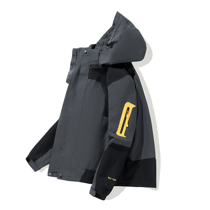 Men's Waterproof Softshell Outdoor Jacket with Hood, Sleeve Zipper Pocket and Windproof Membrane Mune Fashion