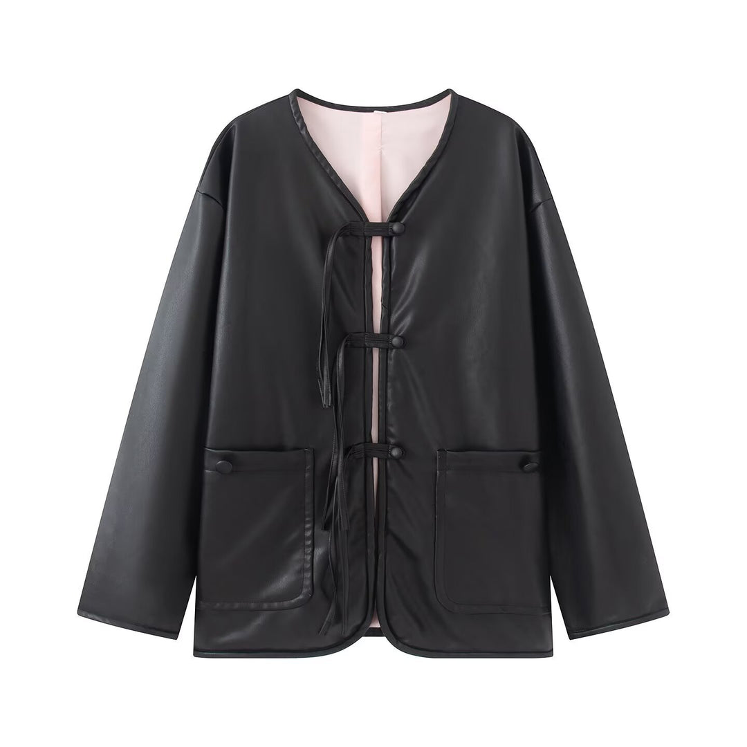 Women's Loose Faux Leather Coat with Ties, V-Neck and Patch Pockets Mune Fashion