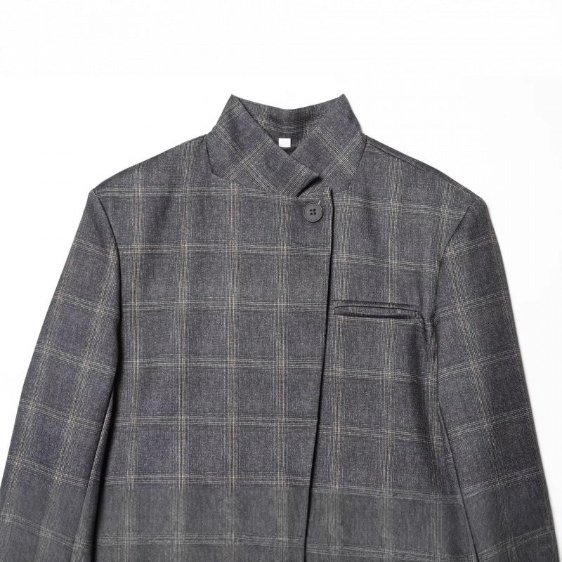 Women's tailored check blazer with stand-up collar, concealed button placket and flap pockets Mune Fashion