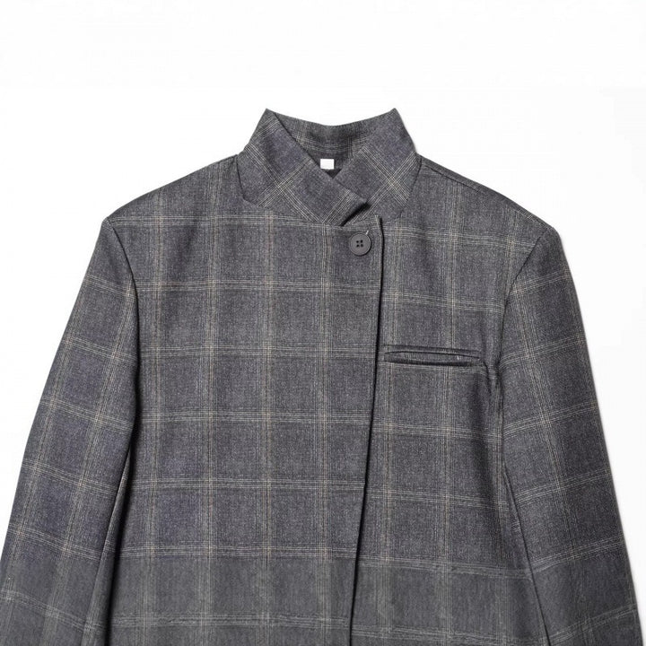 Women's tailored check blazer with stand-up collar, concealed button placket and flap pockets Mune Fashion