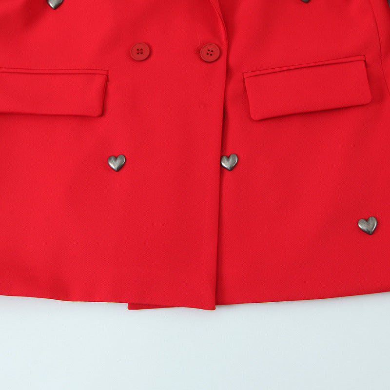 Women Tailored Double-Breasted Blazer with Heart Metal Applications and Flap Pockets Mune Fashion