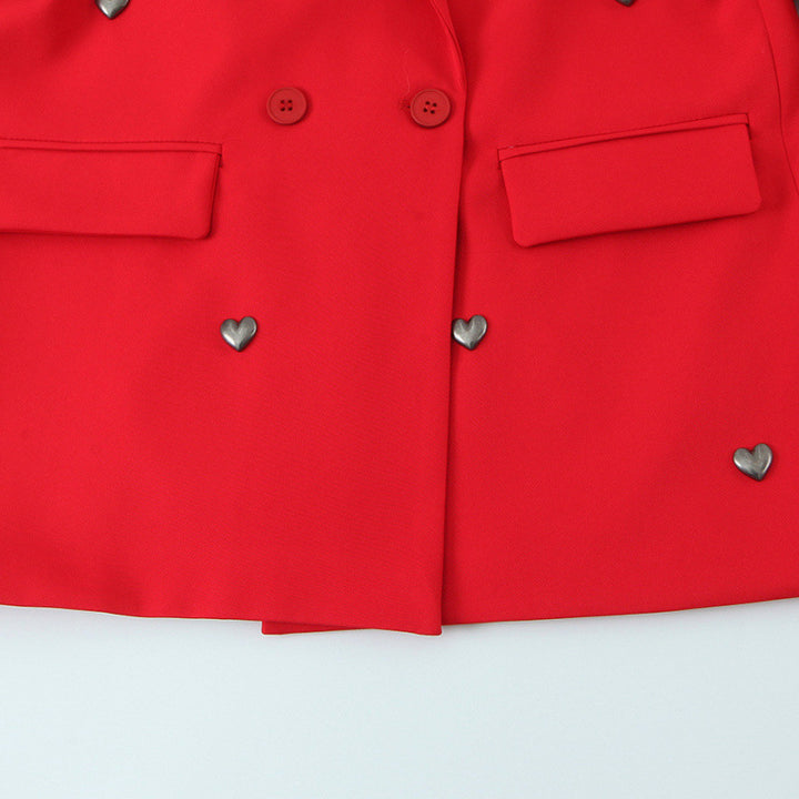 Women Tailored Double-Breasted Blazer with Heart Metal Applications and Flap Pockets Mune Fashion