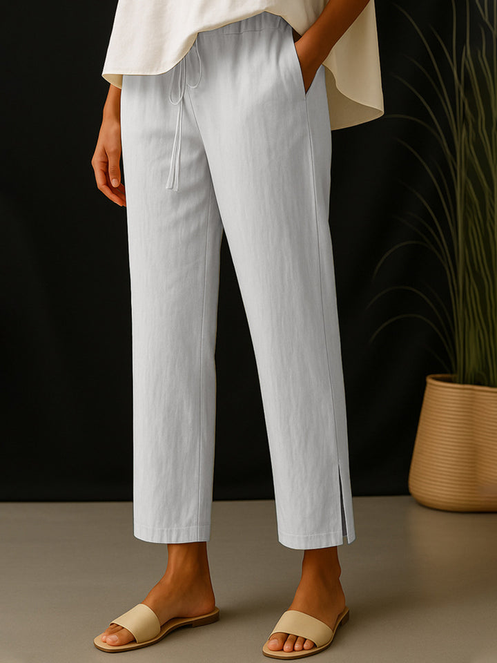 Women's Casual Chino Linen Look Culotte with Elastic Drawstring Waist and Side Pockets Mune Fashion