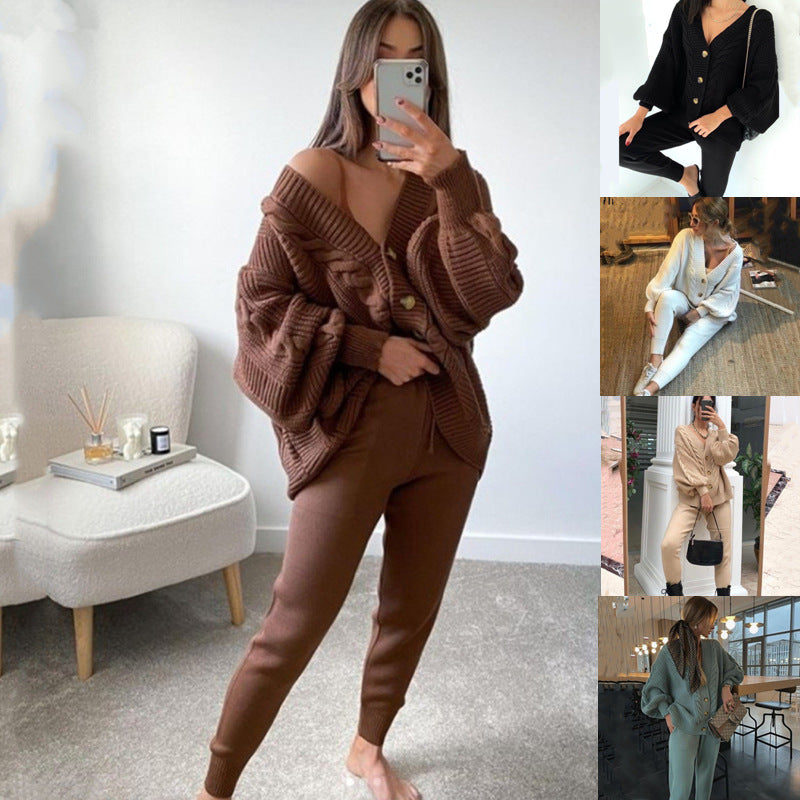 Women's cozy oversized knit set consisting of cable pattern cardigan and tailored knit joggers Mune Fashion