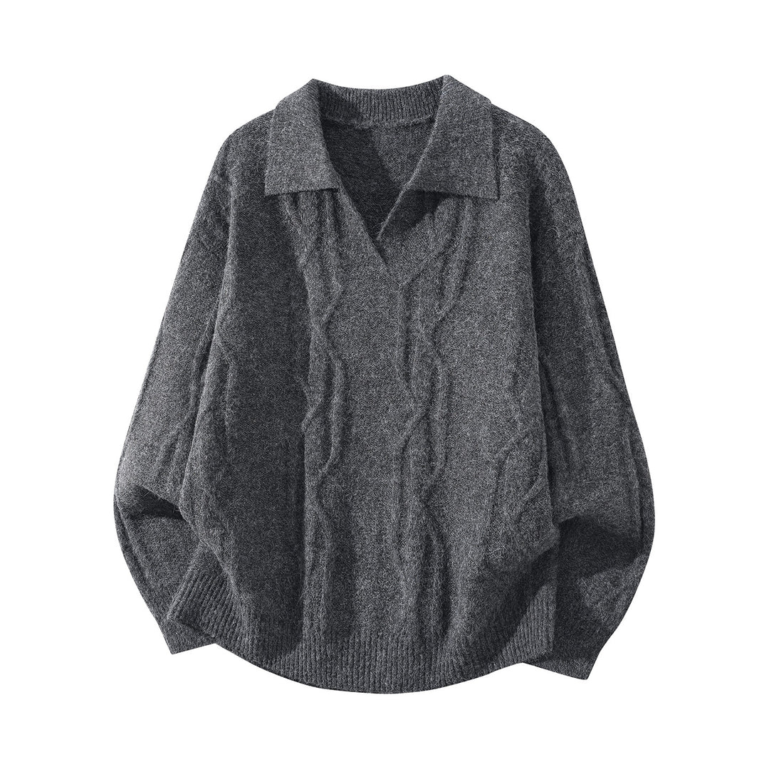Women Oversize Mohair-Optic Cable Knit Sweater with Polo Collar and V-Neck Mune Fashion