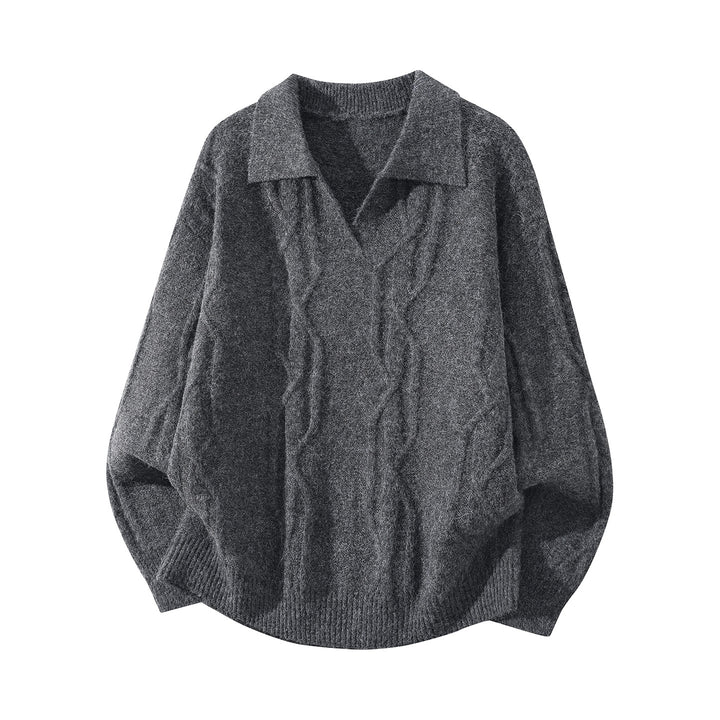 Women Oversize Mohair-Optic Cable Knit Sweater with Polo Collar and V-Neck Mune Fashion