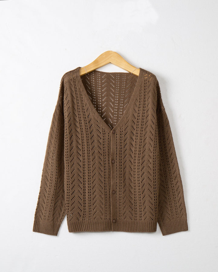 Women's Lightweight Lace Knit Cardigan with Deep V-Neck and Button Placket Mune Fashion