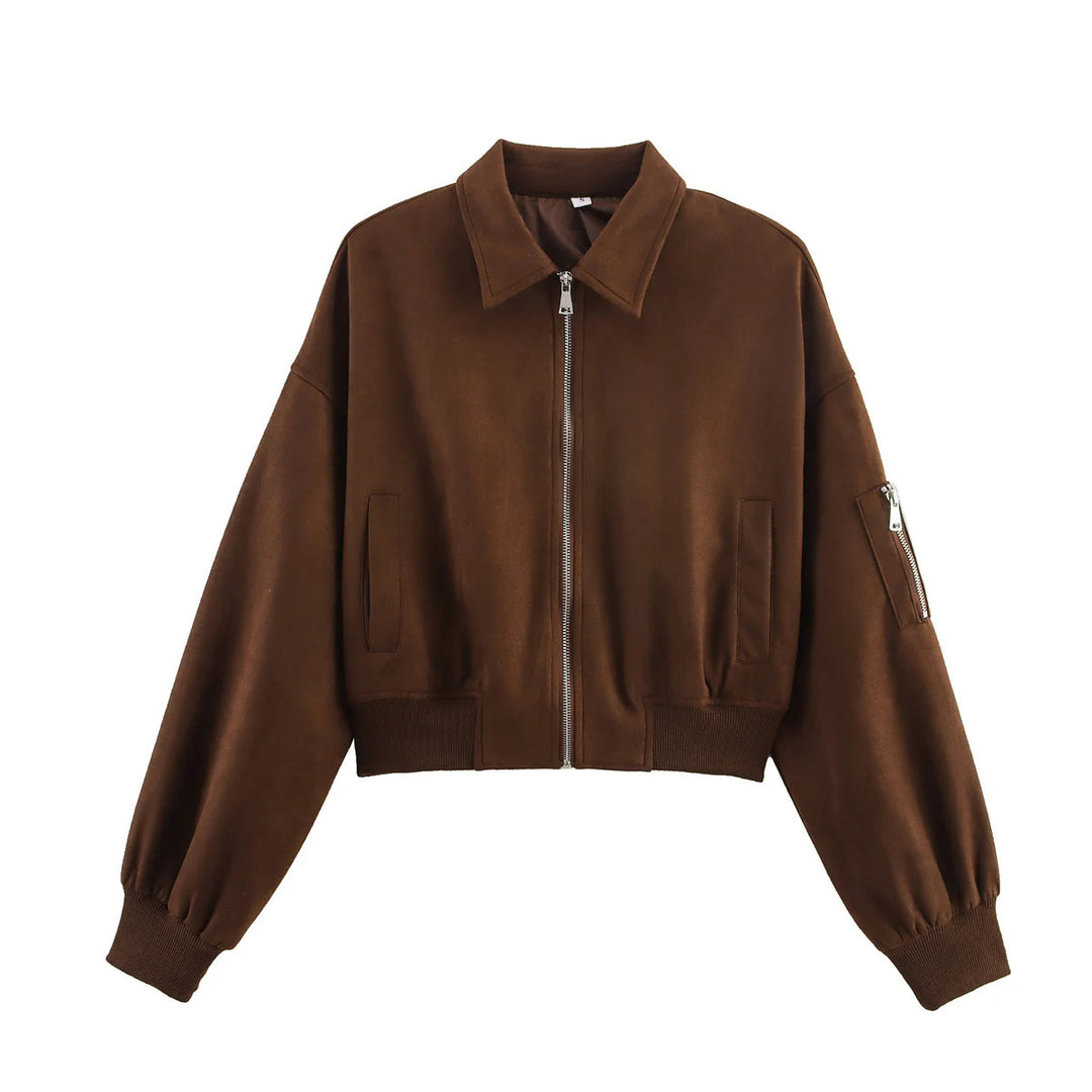 Women's cropped bomber jacket in velour look with zipper, sleeve pockets, and ribbed hem Mune Fashion
