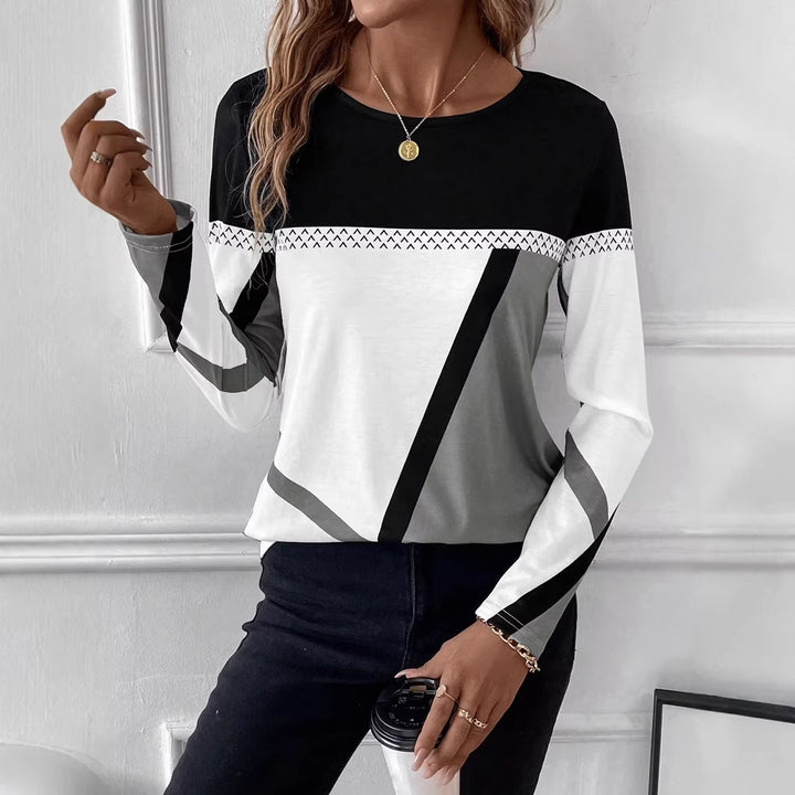 Women's Long Sleeve Shirt with Graphic Colorblock Design and Round Neck Mune Fashion