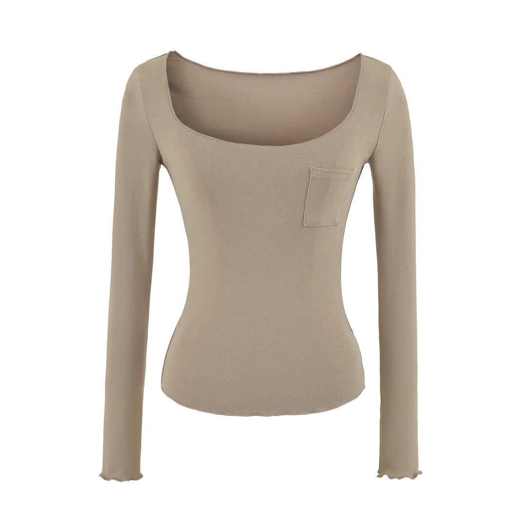 Women's fitted ribbed long-sleeve shirt with wide square neckline and chest pocket Mune Fashion