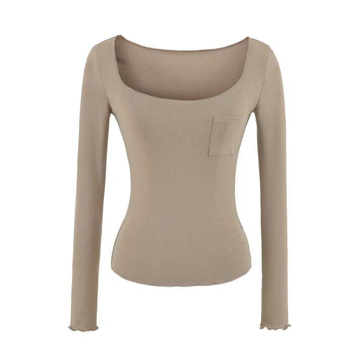 Women's fitted ribbed long-sleeve shirt with wide square neckline and chest pocket Mune Fashion