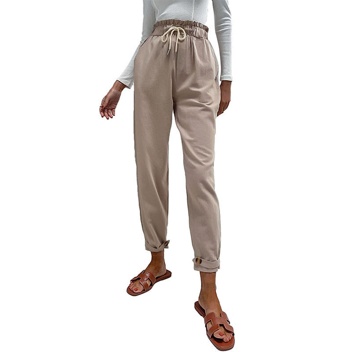 Women's Casual High-Waisted Pants with Drawstring, Side Pockets, and Tapered Leg Shape Mune Fashion
