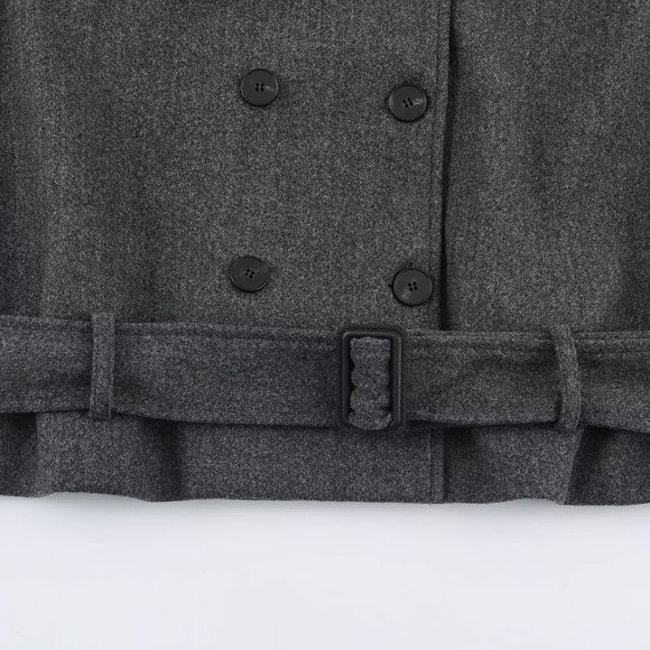 Women's short coat in double-breasted wool blend with high standing collar and waist belt Mune Fashion