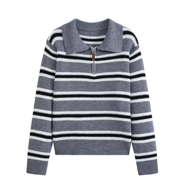 Women's Ribbed Stripe Sweater with Short Zipper and Polo Collar Drune