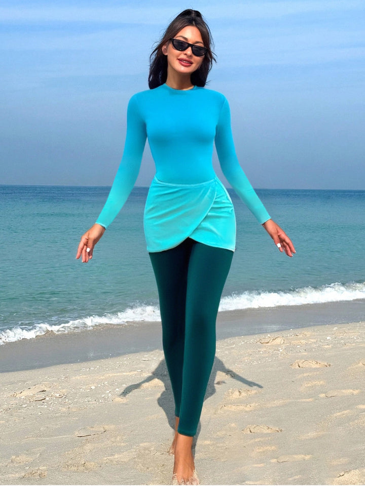 Women's Stylish Long Sleeve Swimsuit with Wrap Skirt Mune Fashion