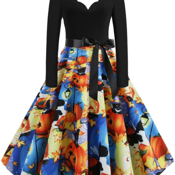 Women's Retro Swing Dress with Wavy Neckline, Long Sleeves, and Halloween Print Flared Skirt Mune Fashion