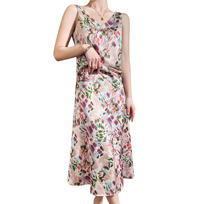 Women's Satin Midi Skirt with Abstract Watercolor Floral Print and High Waist Mune Fashion