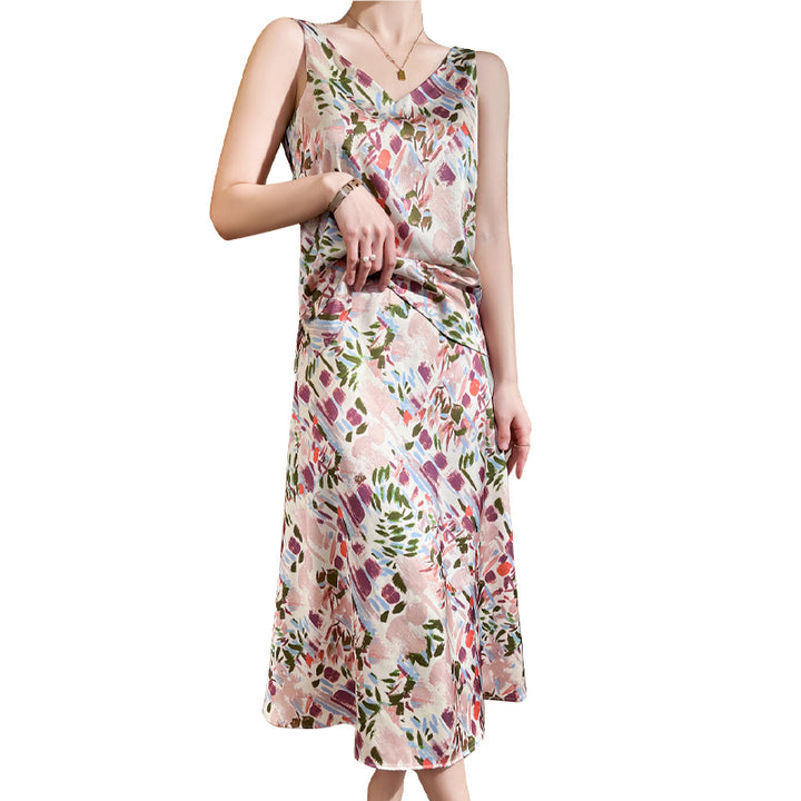 Women's Satin Midi Skirt with Abstract Watercolor Floral Print and High Waist Mune Fashion