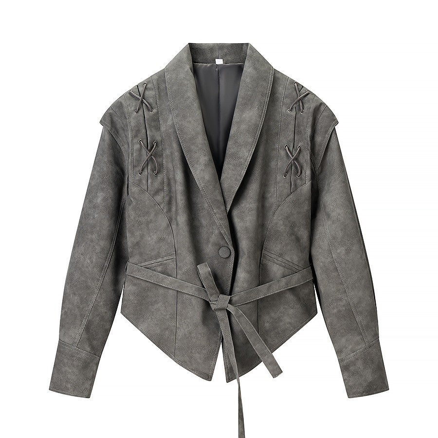 Women's short jacket in velour look with wrap belt and lacing detail Mune Fashion