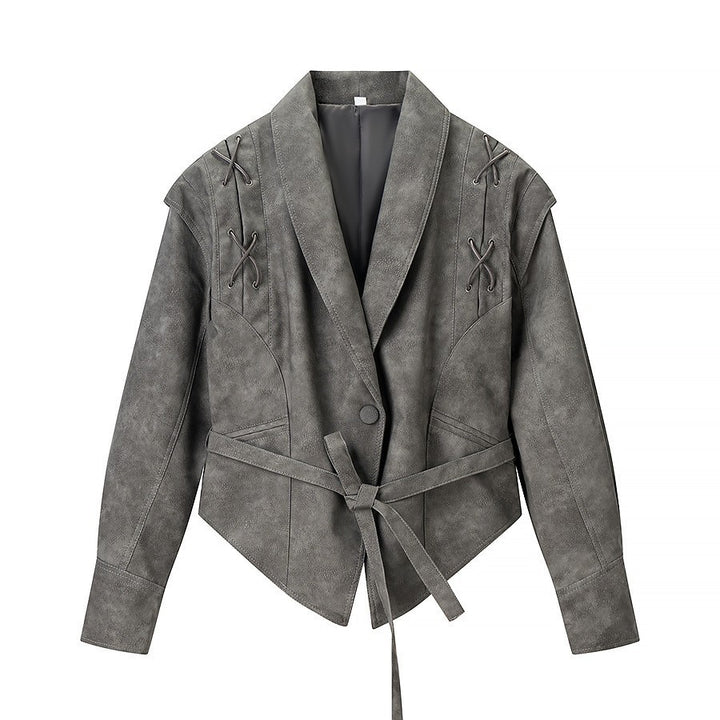 Women's short jacket in velour look with wrap belt and lacing detail Mune Fashion